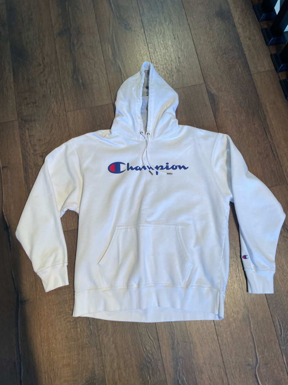 Champion White Hoodie with Blue and Red Logo